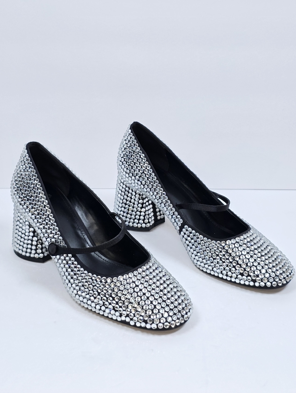 Mango Silver Rhinestone Mary Jane Block Heel Pumps Crystal Embellished Size 38